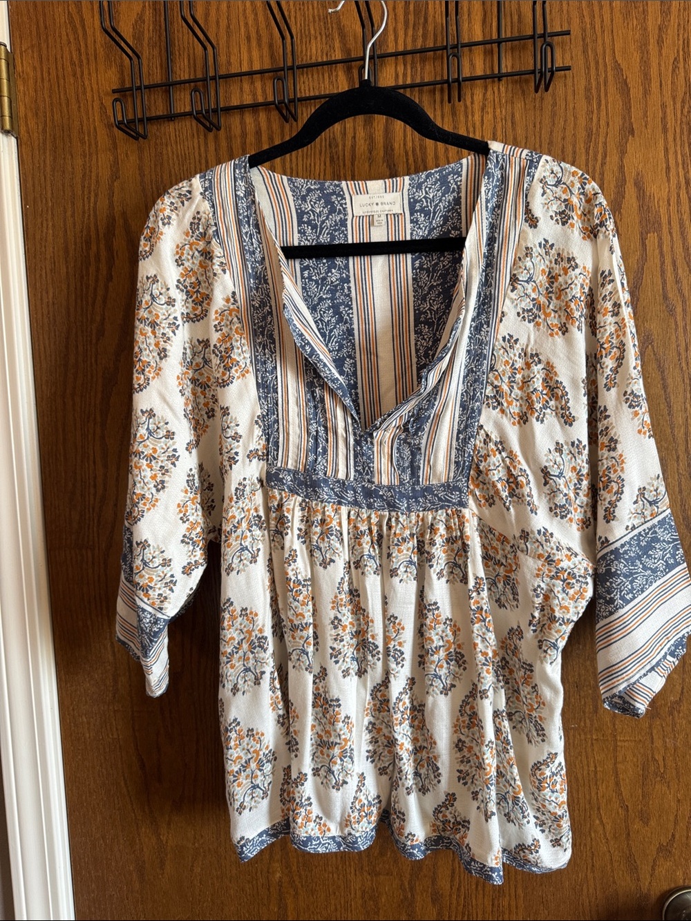 Lucky Brand Cream Tunic with Blue and Brown Floral Motif
